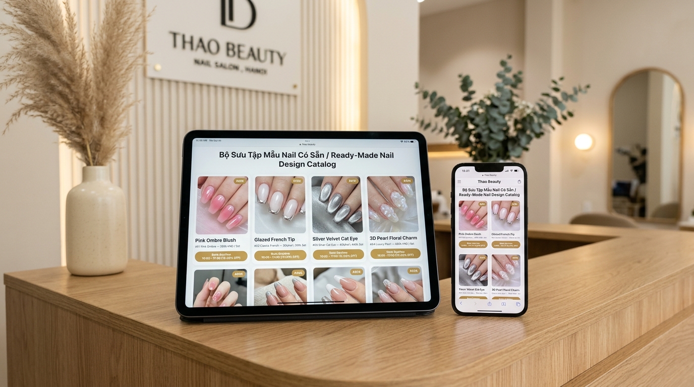 Minh họa Web App Menu Bộ sưu tập mẫu Nail & Nối mi có sẵn kèm giá trên Điện thoại & Tablet tại Thảo Beauty