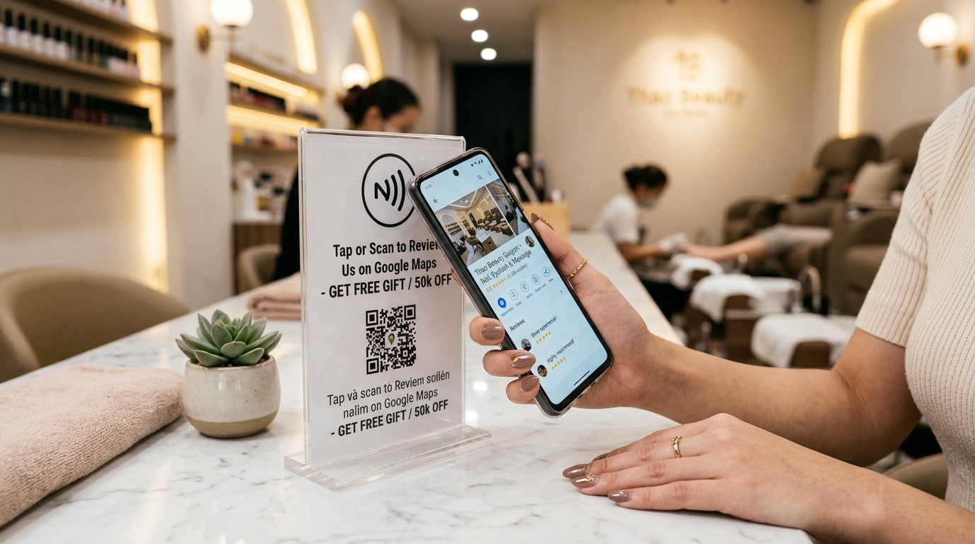 Minh họa Standee NFC và QR Code đánh giá 5 sao Google Maps tại bàn