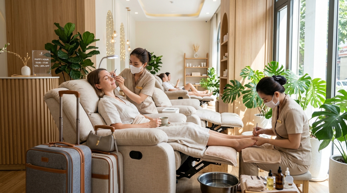Minh họa khách du lịch làm Combo nối mi và massage chân song song khung giờ ban ngày