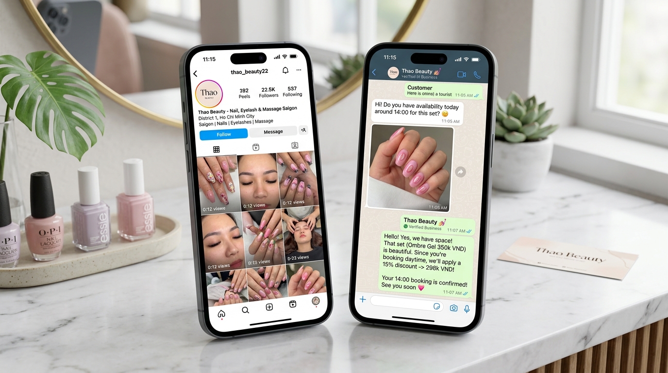 Minh họa vận hành kênh Instagram @thao_beauty22, SEO Google Maps và trực chat báo giá chốt lịch qua WhatsApp Business