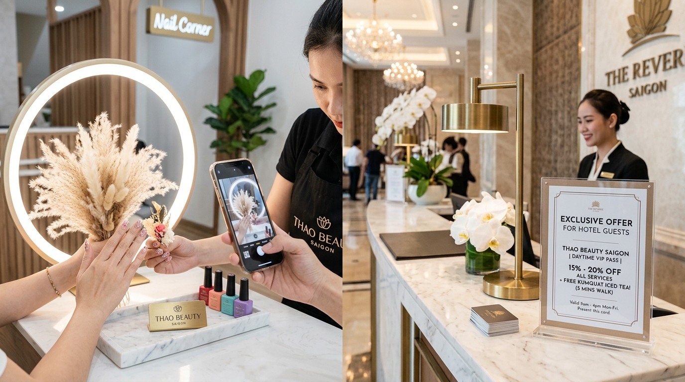 Minh họa Góc chụp ảnh móng Check-in tại bàn và Voucher liên kết quầy lễ tân khách sạn